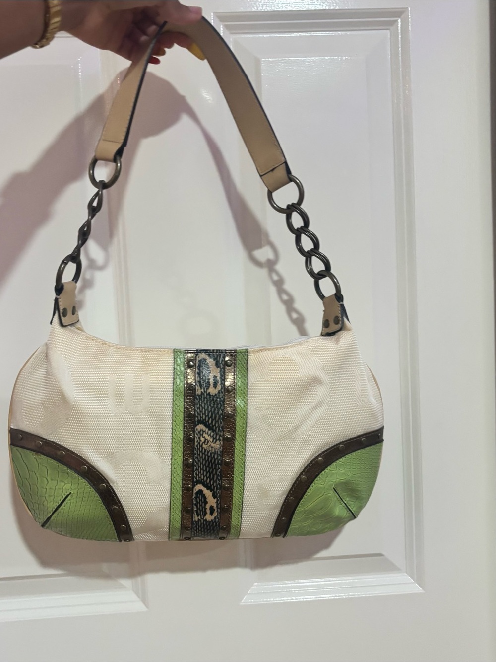Mondani Cream and Green Shoulder Bag with Snake-Print Trim